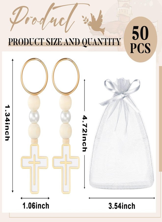 Quelay 50 Sets First Holy Communion Favors Rosary Beads with Cross Crucifix Keychain White Organza Bag Christening Baptism Gifts (White) - Image 2